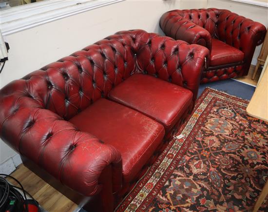 A Chesterfield sofa and chair Sofa W.153cm, Chair W.103cm